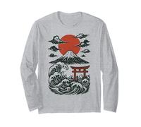 Torii Japan Wave Volcano Sun Mount Fuji Rising Red Long Sleeve T-Shirt