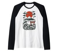 Torii Japan Wave Volcano Sun Mount Fuji Rising Red Raglan Baseball Tee