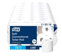 Tork 110316 extra soft toilet rolls T4 / Soft 3-ply tissue rolls compatible with Tork T4 conventional toilet system, 9 packs of 8 rolls (72 rolls, 250 sheets each) white,72 x 250 Blatt