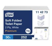 Tork 114273 Soft Folded Toilet Paper Premium T3 / Soft 3-Ply Toilet Tissue Suitable for Tork T3 Folded Toilet System / 30 x Packs of 252 Sheets