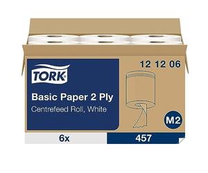 Tork 121206 Basic wiping paper roll M2 / Long lasting paper hand towel roll compatible with Tork M2 centrefeed system / 6 x 457 sheets (20 x 35cm)