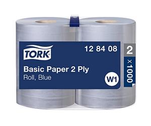 Tork 128408 Basic Paper 2 Ply / Absorbent, Recycled Paper Roll Suitable for Tork W1 Wipers Wall/Floor/Standard System / Blue / 2 x 340m / Ø 26.3cm