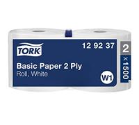 Tork 129237 Basic Paper 2 Ply / Absorbent, Recycled Paper Roll Suitable for Tork W1 Wipers Wall/Floor/Standard System / White / 2 x 510m / Ø 31.5cm