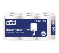 Tork 129237 Basic Paper 2 Ply / Absorbent, Recycled Paper Roll Suitable for Tork W1 Wipers Wall/Floor/Standard System / White / 2 x 510m / Ø 31.5cm