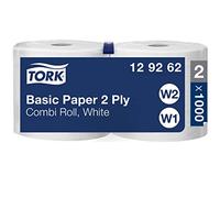 Tork 129262 Basic Paper 2 Ply / Absorbent, Recycled Paper Suitable for Tork W1 Wipers Wall/Floor & W2 Combi Roll Systems / White / 2 x 340m / Ø 26cm