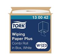 Tork 130042 Wiping Paper Plus / 2 Ply Absorbent Paper Roll for Tork W1 Wipers Wall/Floor & W2 Combi Roll Systems / White / 1 x 255m / Ø 26.2cm