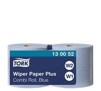 Tork 130052 Wiping Paper Plus Combi Roll / Wiping Paper Rolls Suitable for W1 and W2 Wipers System Dispensers / Extra Strong Paper Towel Roll / Blue / 2 x 255m / Ø 26.2cm