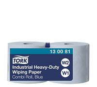 Tork 130081 Industrial Heavy-Duty Wiping Paper / 3 Ply Absorbent QuickDry Paper Roll Suitable for Tork W1 & W2 Systems / Blue / 2 x 119m / Ø 26.2cm