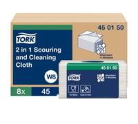 Tork 2-in-1 Scouring and Cleaning Cloth, White, Reusable, W8 Compatible, Scratch-Free Cleaning, 8 Packs of 45 Sheets Each (450150)