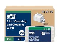 Tork 2-in-1 Scouring and Cleaning Cloth, White, Reusable, W8 Compatible, Scratch-Free Cleaning, 8 Packs of 45 Sheets Each (450150)
