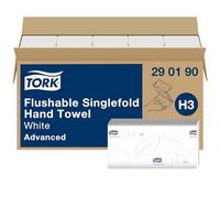 Tork Flushable Singlefold Hand Towels Advanced 290190 - H3 Folded Paper Towels for singlefold Dispenser - Absorbent, Tear-Resistant, 2-ply, White - 15 x 250 Sheets, 11.5 x 23 Centimetre