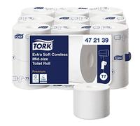 Tork 472139 Coreless mid-size toilet rolls Premium / 3-ply soft tissues rolls compatible with Tork T7 twin roll dispenser / 1 x 18 rolls (18 x 550 sheets), White