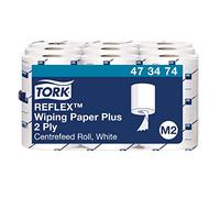 Tork 473474 Reflex Wiping Paper Plus / 2 Ply Absorbent Advanced Paper Roll Suitable for Tork M3 Centrefeed Reflex Mini Roll System / White / 9 x 67m / Ø 12.7cm