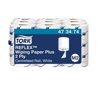 Tork 473474 Reflex Wiping Paper Plus / 2 Ply Absorbent Advanced Paper Roll Suitable for Tork M3 Centrefeed Reflex Mini Roll System / White / 9 x 67m / Ø 12.7cm