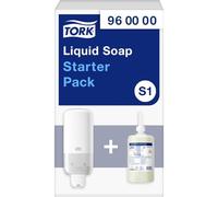 Tork Dispenser Liquid and Spray Skincare Wall Mounted and 1 x 1000ml 960000 | Starter Pack S1/S11 Economical Dispenser Mild Liquid Soap Refill White