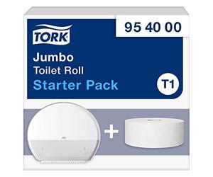 Tork Jumbo Toilet Paper Wall Mounted Dispenser Starter Pack White T1, High Capacity, Elevation Range, Dispenser and 1 x Refill, 954000