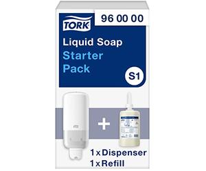Tork Liquid and Spray Skincare Wall Mounted Dispenser Starter Pack White S1/S11, Economical, Dispenser and 1 x 1000ml Mild Liquid Soap Refill, 960000