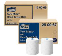 Tork Matic Soft Paper Hand Towels 290067, White - 6 Rolls x 150 m & Tork Matic Hand Towel Roll 120069, White - 6 x 150m Rolls, H1 Hand Towel Bundle