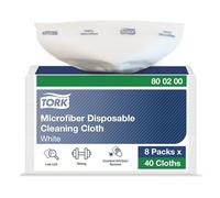 Tork Microfiber Cleaning Cloth Disposable White with Blue Print, Dry and Wet Use, 8 x 40 cloths, 800200