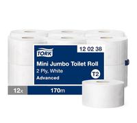 Tork 120238 Advanced Mini Jumbo Toilet Roll, 2-Ply, 12 Pieces,white,2.25"