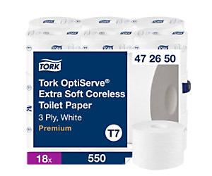 Tork OptiServe Toilet Paper Rolls 3 Ply Coreless 472650 18 Rolls of 550 Sheets