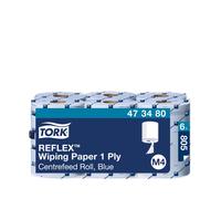 Tork 473480 Reflex Wiping Paper / 1 Ply Absorbent Advanced Paper Roll Suitable for Tork M4 Reflex Centrefeed System / Blue / 6 x 269.7m / Ø 18.5cm