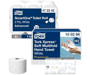 Tork SmartOne Toilet Roll 472242, white, T8-6 x 1150 Sheets & Tork Xpress Soft Multifold Hand Towels Premium Mfold 100288, white - 21 x 110 Sheets - SmartOne Xpress Towels Bundle