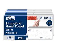 Tork Soft Singlefold Paper Hand Towels White H3, Advanced Folded Towels for Commercial Dispensers, Absorbent, Tear Resistant, 2-Ply, 15 x 250, 290258