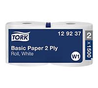 Tork 129237 Basic Paper 2 Ply / Absorbent, Recycled Paper Roll Suitable for Tork W1 Wipers Wall/Floor/Standard System / White / 2 x 510m / Ø 31.5cm