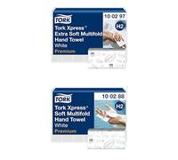Tork Xpress Multifold Hand Towel 100297, H2, White - 21x 100 & Tork Xpress Soft Multifold Hand Towels Premium Mfold 100288, H2, High-Absorbency, Large, 2-Ply, White - 21 x 110 - Hand Towel Bundle