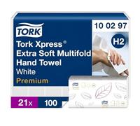 Tork Xpress Multifold Hand Towel, White, Extra Soft, Compatible with Tork H2 systems, QuickDry Technology, 21 packs of 100 sheets each (100297)