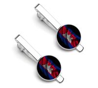Torn Broken Cambodian Flag Tie Clip for Men,Round Tie Bar Clips And Cufflinks Set for Luxury Clothing Accessories 2 Pcs-O7DS-1