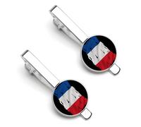 Torn Broken France French Flag Tie Clip for Men,Round Tie Bar Clips And Cufflinks Set for Luxury Clothing Accessories 2 Pcs-O7DS-1