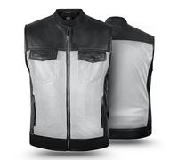 Tornado Drift Men’s Biker Leather Vest - Premium 1.1mm Buffalo Leather, BT Mesh Panels, 6 Pockets, YKK Zipper - Motorcycle Riding Waistcoat (UK, Alpha, 4XL, Regular, Regular, Silver)