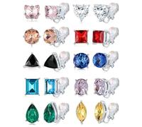 Tornito 10 Pairs Clip on Earrings for Women Non Pierced Multicolored CZ Stud Earrings Round Teardrop Heart Butterfly Triangle Square Rectangle Oval Geometric Clip on Stud Earrings Gold Silver Color