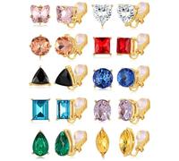 Tornito 10 Pairs Clip on Earrings for Women Non Pierced Multicolored CZ Stud Earrings Round Teardrop Heart Butterfly Triangle Square Rectangle Oval Geometric Clip on Stud Earrings Gold Silver Color