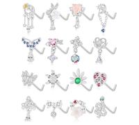 Tornito 16Pcs 20G Nose Rings L Shaped Nose Studs for Women Stainless Steel Heart Snake Flower Bowknot CZ Butterfly Moon Dangle Nose Stud Ring Body Piercing Jewelry Silver Gold Tone, Metal, cubic