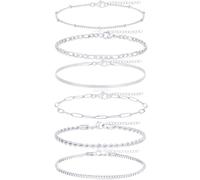 Tornito 6Pcs Gold Bracelets for Women 14K Gold Plated Stainless Steel Chain Bracelets Stackable Paperclip Satellite Figaro Box Rope Herring bone Link Bracelets Jewelry Sets 6.5 Inches Silver Gold Tone