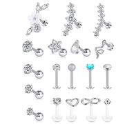 Tornito 9-30Pcs Cartilage CZ Stud Earrings Conch Forward Helix Tragus Daith Piercing Lip Rings Snake Heart Butterfly Jewelry for Women Men 16G Silver Gold Tone, 16G US, Metal, cubic zirconia