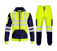 TORO ACTIVA Mens Hi Viz High Visibility Zip Up Tracksuit Pockets Drwastring Zipper Sweatshirt Hoodie & Trouser Bottom Jogging Safety Work Wear Reflective Joggers