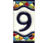 TORO DEL ORO House numbers. Numbers and letters on tile. Enamelled ceramic. Hand-painted technical dry rope. Names and addresses. Medium mosaic design. 5.5 x 10.5 cm (number nine "9")