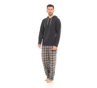 Toro Rocco Mens Hooded Check Fleece Pyjama Set Long-Sleeve Soft PJ Sleepwear Nightwear Top and With Check Bottoms Comfortable Men Pjs Set, Grey Check Medium