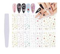 TOROKOM 12 Sheets 3D Nail Art Sticker Decals, Gold Silver Bronzing Stars Sun Moon Heart Butterfly Holographic Self-Adhesive Nail Stickers Classic Nails Design Supplies Decal with 1P Nail File