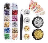 TOROKOM Foil Nail Art Chip Kit,12 Packs Nail Foils Flakes Gold Silver Glitter Sequins Paillette for Gel Nails and Nail Art Design Decoration Supplies
