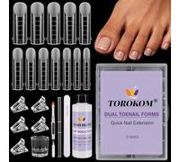 TOROKOM Poly Gel Nail Kit for Toes, Clear Poly Gel Toenail Kit 120Pcs Dual Forms 12 Sizes Long Square Flat Tips with 2.64OZ Slip Solution Nail Care Liquid for Gels Extension Nails Kit