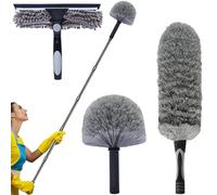 Toromp 20 Ft+ High Reach Squeegee & Cobweb Duster Kit with 3-13 Ft Extension Pole, 2 in 1 Window Squeegee, Spider Web Brush, High Ceiling Feather Duster for Home High Window, Interior Roof - Gray
