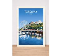 Torquay Devon Travel Poster, Harbour and Ferris Wheel Art Print, Coastal Seaside Theme. Size A4