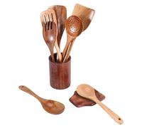 Torribaly 9 PCS Wooden Spoons Utensils for Cooking, Large Flat Spatula Turner Stirring Pasta Spoons with Utensils Holder, Teak Wooden Kitchen Utensils Set for Nonstick Pans & Cookware