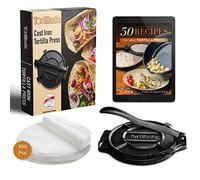 Tortillada - Cast Iron Tortilla Press 20 cm - Tortilla Maker for Tacos, Wraps and Flatbread - in Book and 100 Sheets Parchment Paper - Durable Tortilla Press