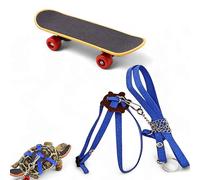Tortoise Harness and Leash with Toy Skateboard for Turtle set, Funny Tortoise Skateboard and Adjustable Leather Harness Leash, Training Skateboard and Turtle Harness Leash Pet Tortoises Toys (Blue, L)